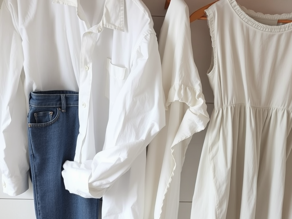 Drie witte kledingstukken hangen aan een hanger: een blouse, een shirt en een jurk, samen met een spijkerbroek.