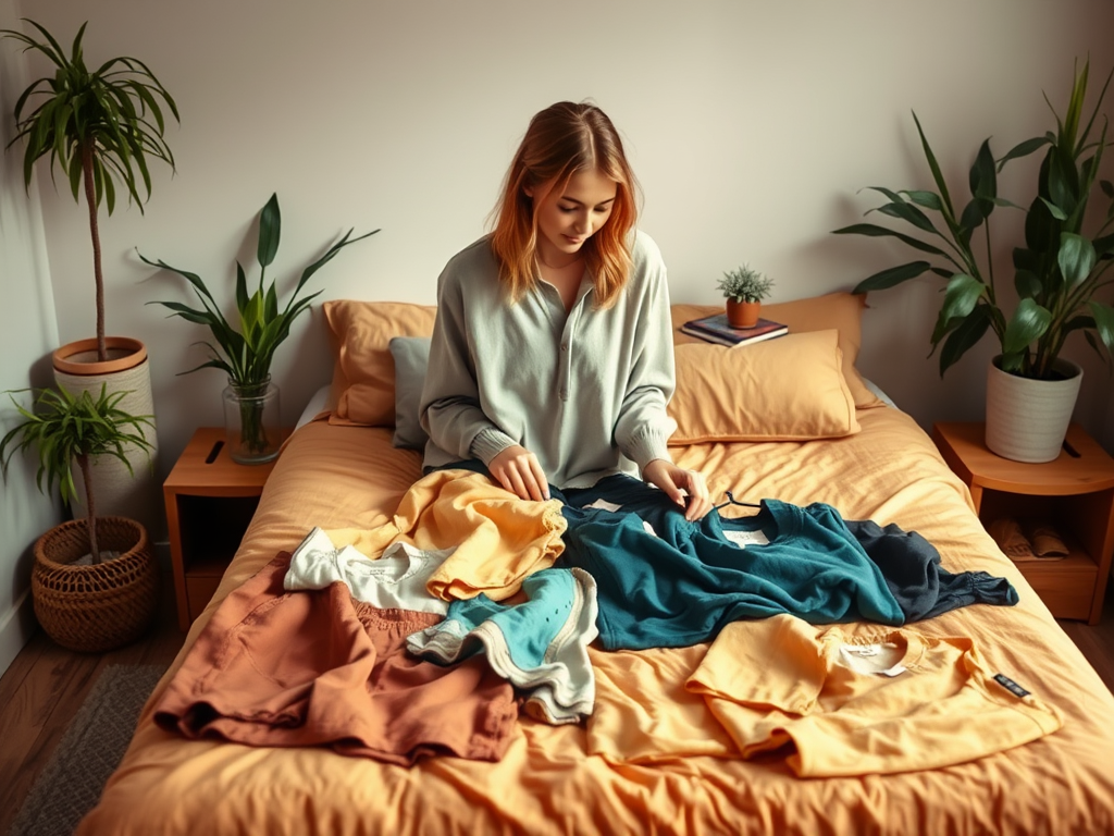 Een vrouw sorteert kleding op een bed, omgeven door planten in een lichte kamer met een gezellige sfeer.