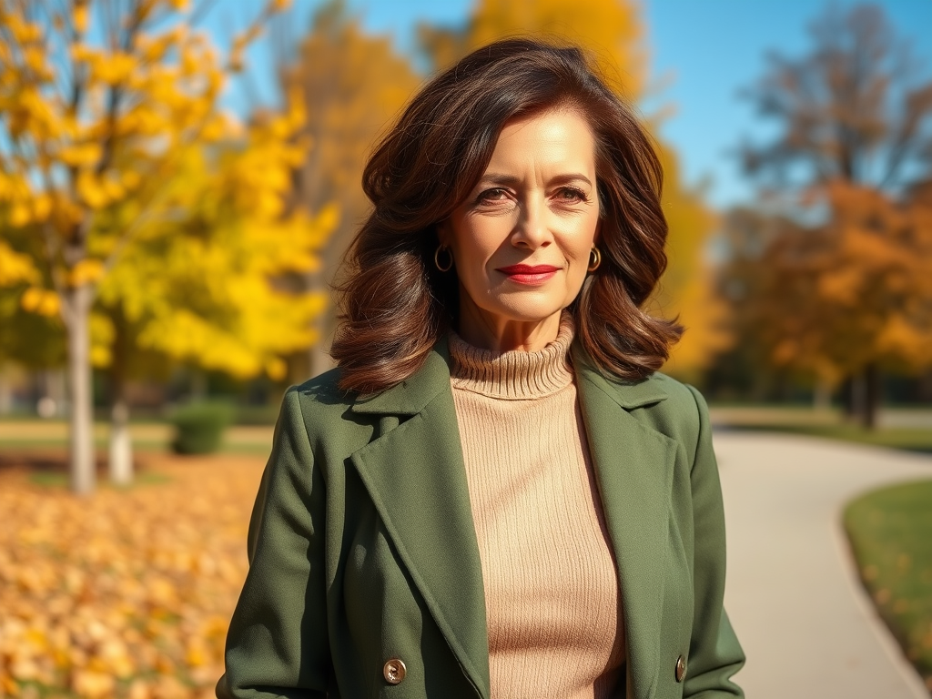 Een vrouw in een groene jas en beige trui staat buiten met herfstbladeren en kleurrijke bomen op de achtergrond.