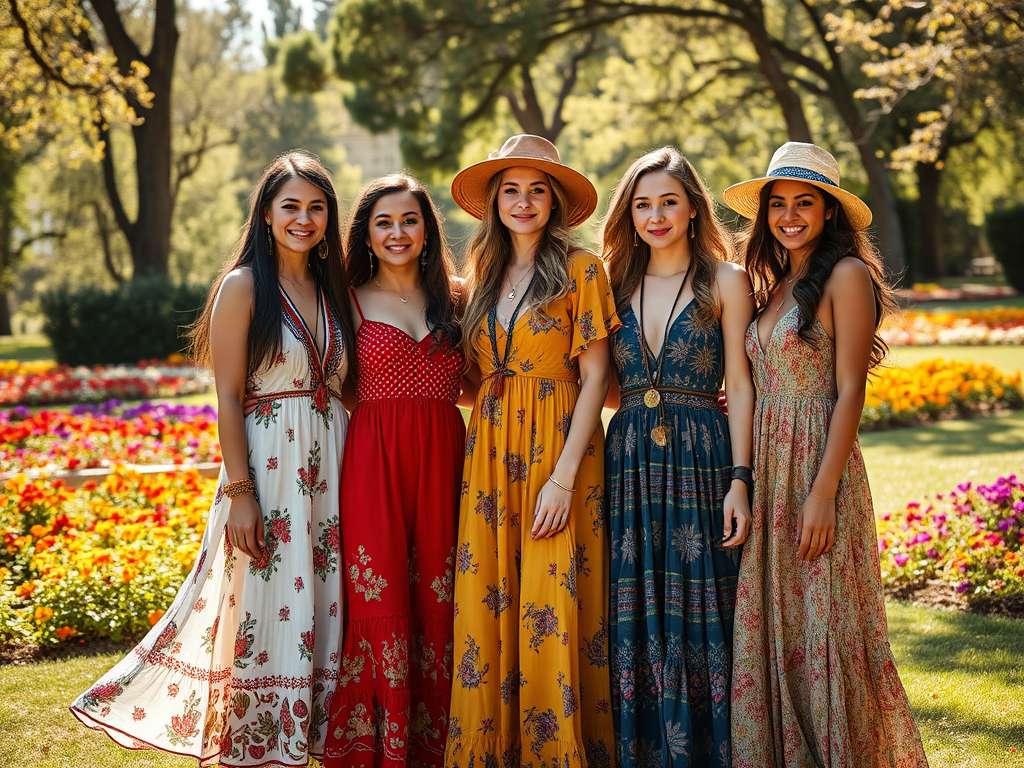 Vijf vrouwen in bloeiende jurken poseren in een kleurrijke tuin met bloemen op een zonnige dag.