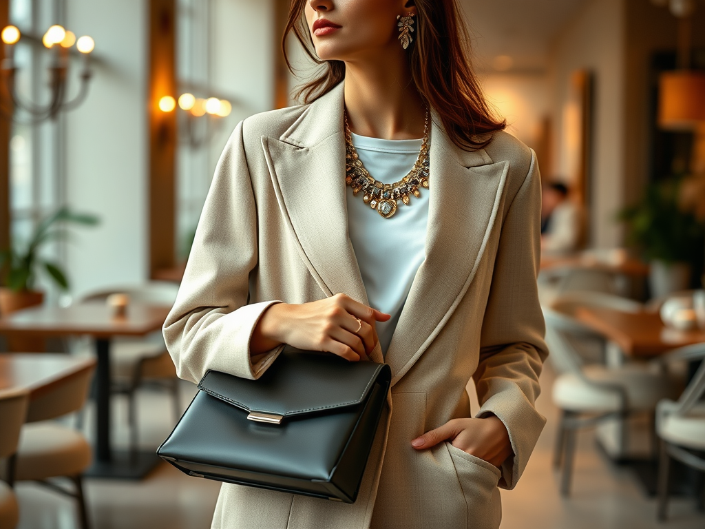 Een vrouw in een beige blazer en een elegante ketting, houdt een zwarte tas vast in een moderne café-omgeving.