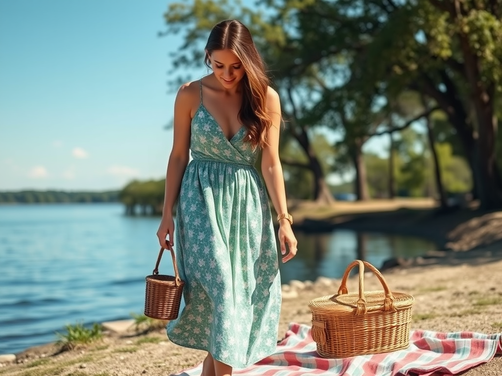 Vrouw in een groene jurk loopt naar een picknickplaats bij een meer, met manden in haar handen.