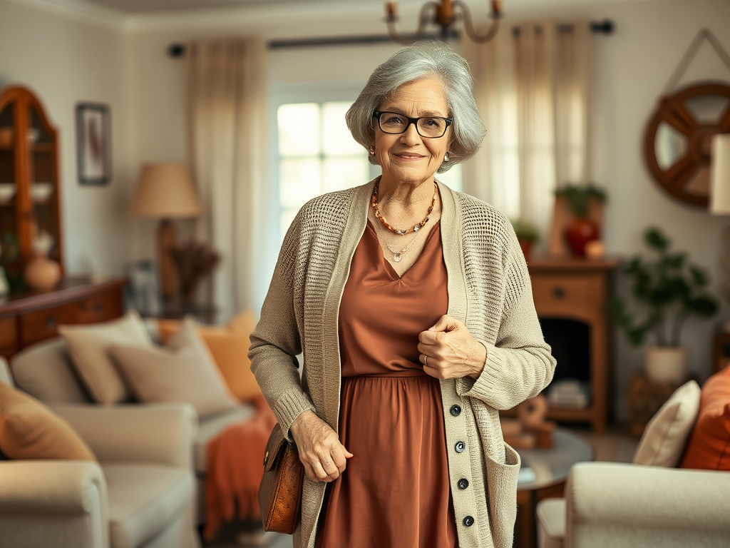 Een oudere vrouw met een stijlvolle uitstraling staat in een sfeervol ingerichte woonkamer.