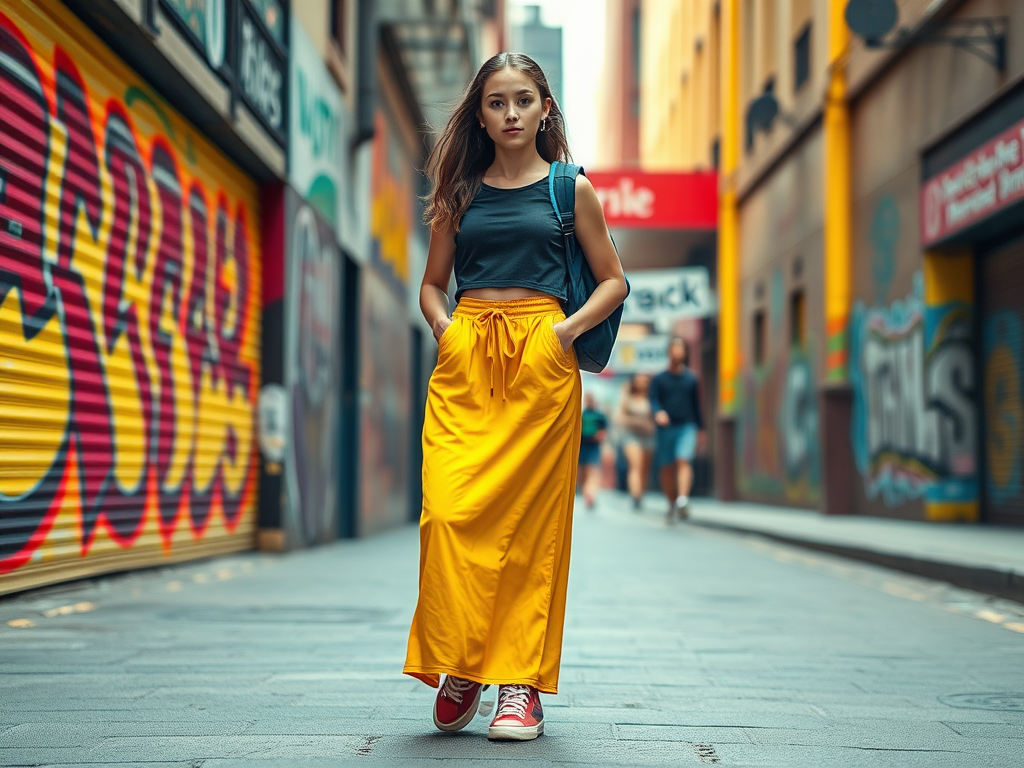 Een jonge vrouw in een gele rok en zwart shirt wandelt door een kleurrijke straat met graffiti.