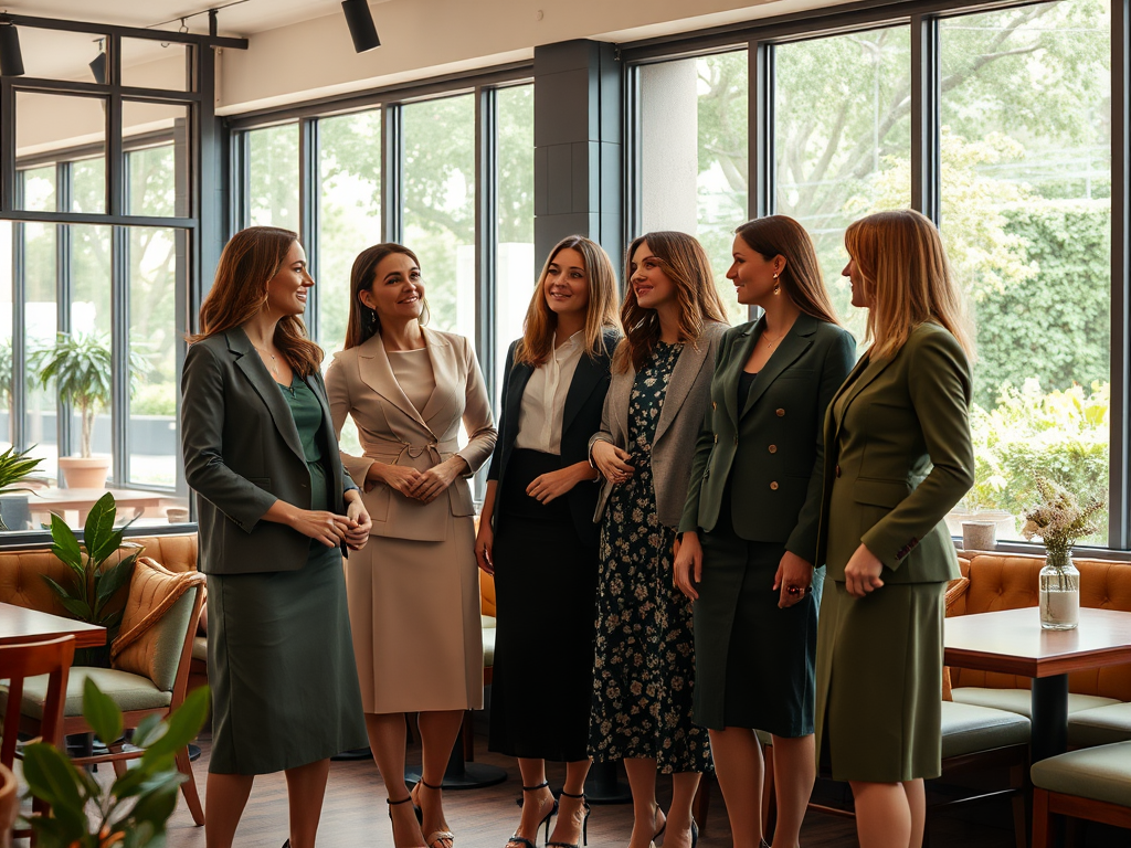 Zes vrouwen in zakelijke kleding staan samen in een café, lachend en met een ontspannen houding.