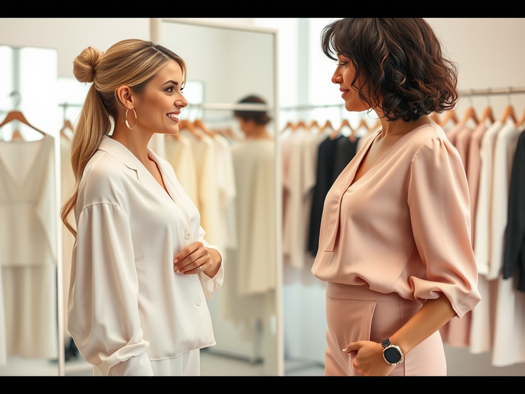 Twee vrouwen in stijlvolle kleding praten met elkaar in een moderne kledingwinkel. Achtergrond met hangende kleding.