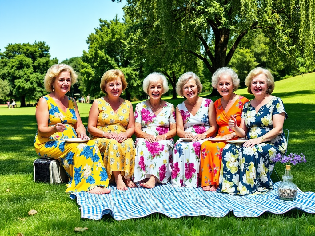 Zes vrouwen in lange jurken zitten op een picknickkleed in een groene omgeving, lachend en gezellig samen.