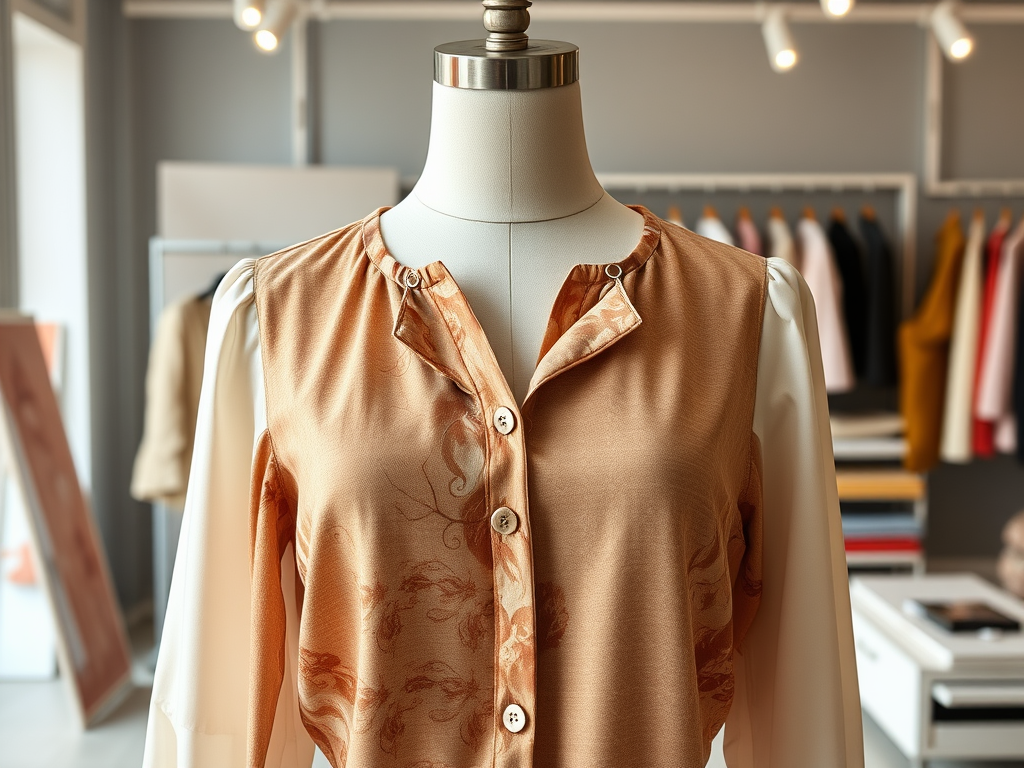 Een blouse met een oranje bovenstuk en een witte mouw, tentoongesteld op een paspop in een kledingwinkel.