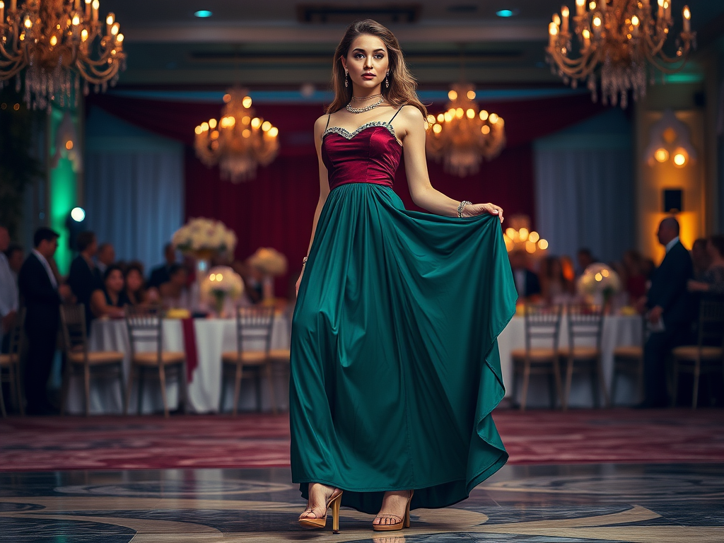 Een vrouw in een elegante groene en bordeauxrode avondjurk poseert in een feestelijke omgeving met tafels.