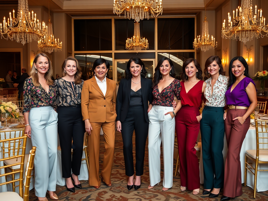 Een groep acht vrouwen poseert vrolijk samen in een elegante zaal met kroonluchters en een gedekte tafel.